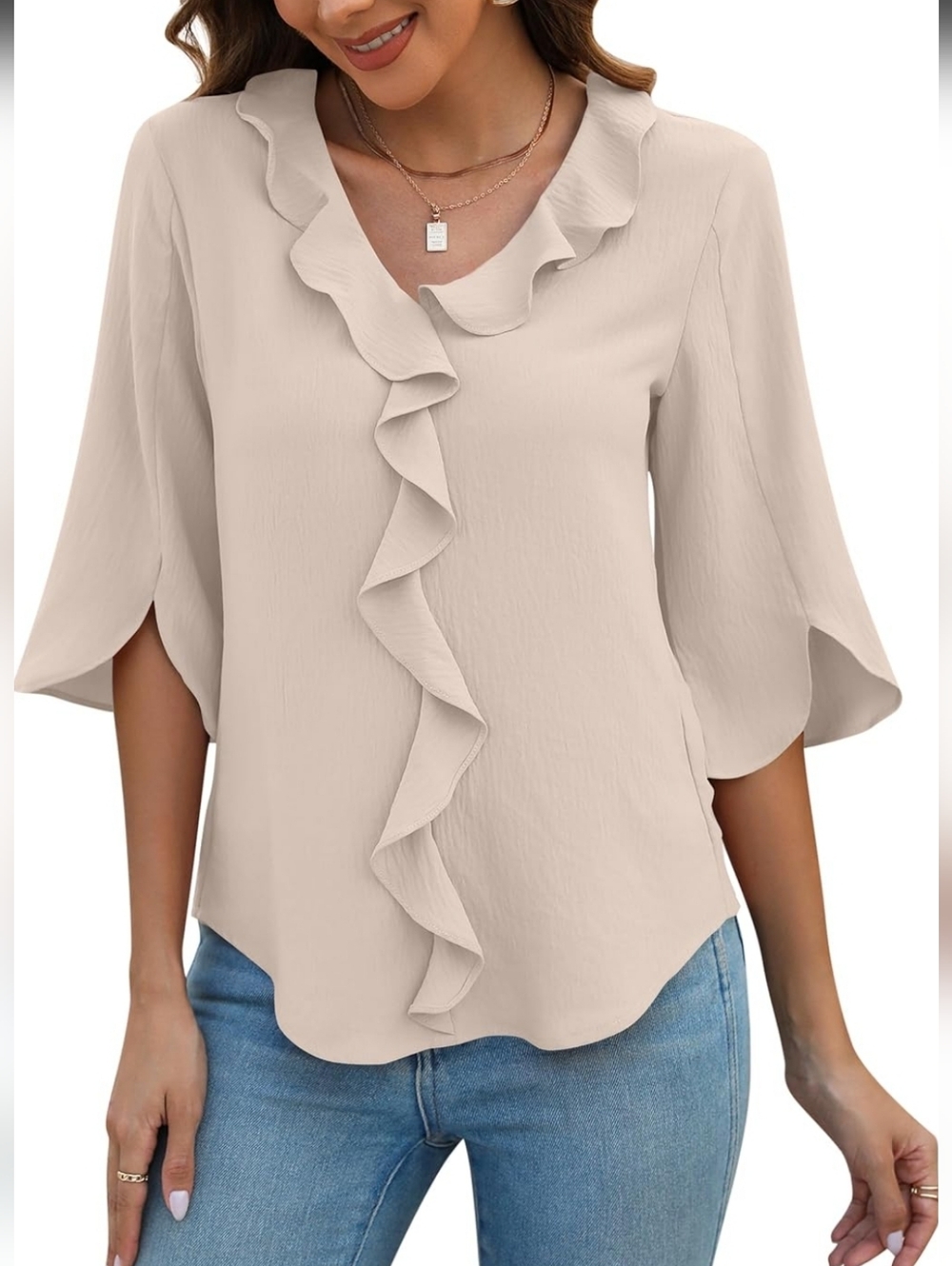 🛍 3 FOR $20 DEAl! Blooming Jelly Womens Blouse 3/4 Sleeve V Neck Ruffled Top
